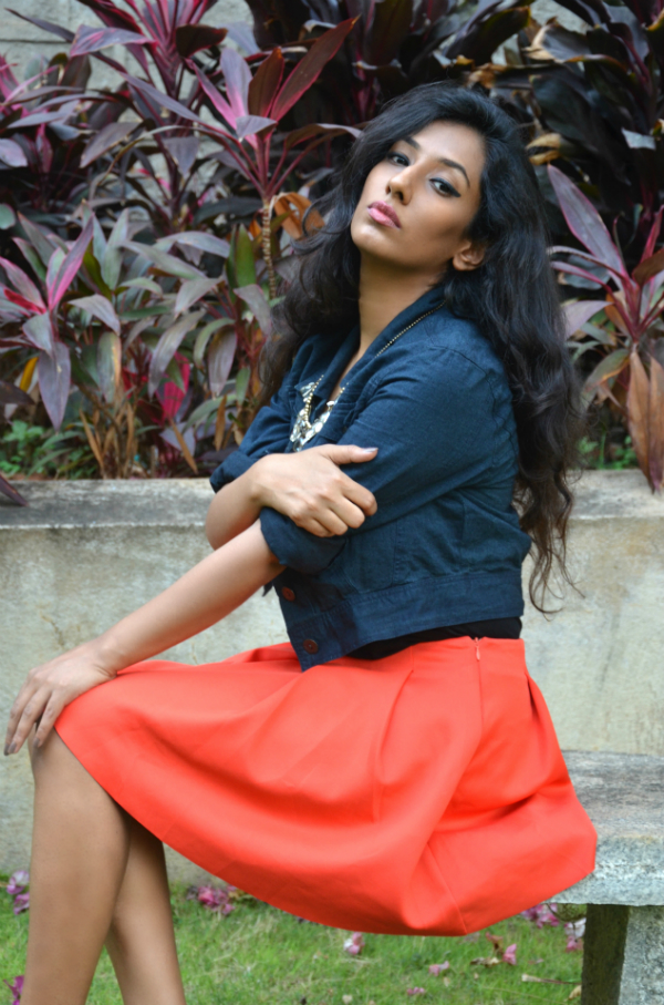 orange skirt ; streetstyle ; street style ; denim jacket ; crystal necklace ; fashion blogger ; dusky ; vintage; dark hyderabad fashion blogger ; naznin suhaer ; i dress for the applause ; 