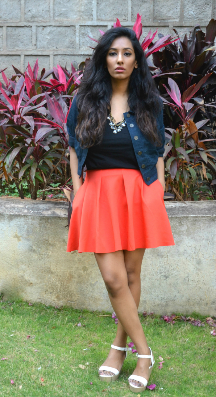 orange skirt ; streetstyle ; street style ; denim jacket ; crystal necklace ; fashion blogger ; dusky ; vintage; dark hyderabad fashion blogger ; naznin suhaer ; i dress for the applause ; 