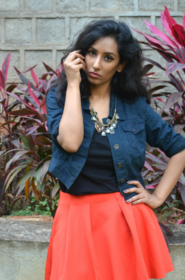 orange skirt ; streetstyle ; street style ; denim jacket ; crystal necklace ; fashion blogger ; dusky ; vintage; dark hyderabad fashion blogger ; naznin suhaer ; i dress for the applause ; 