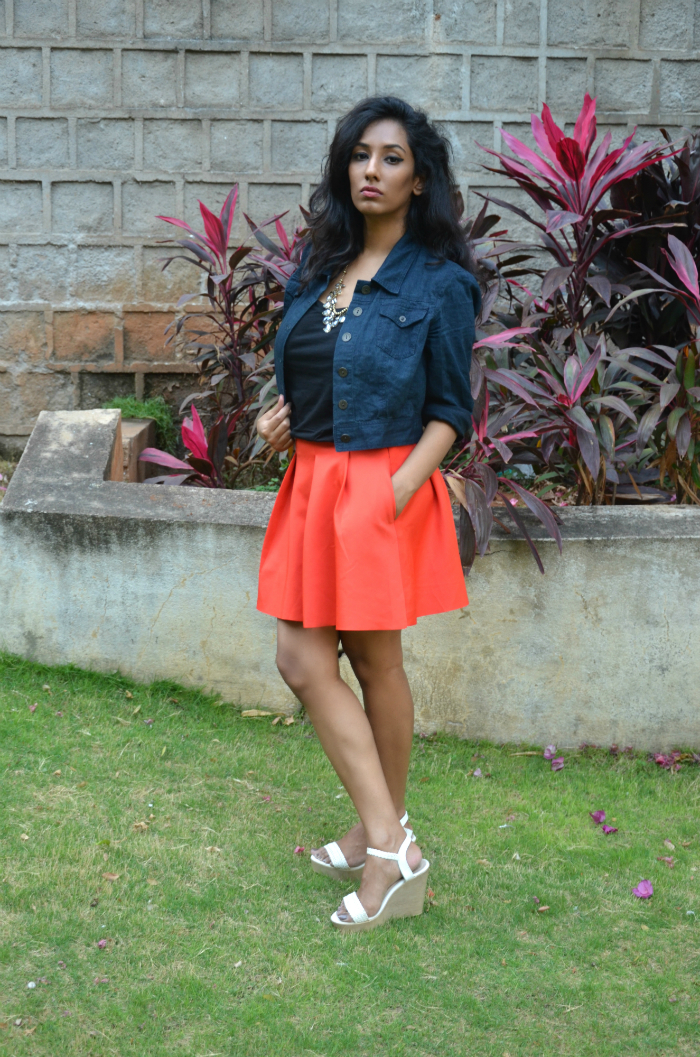 orange skirt ; streetstyle ; street style ; denim jacket ; crystal necklace ; fashion blogger ; dusky ; vintage; dark hyderabad fashion blogger ; naznin suhaer ; i dress for the applause ; 