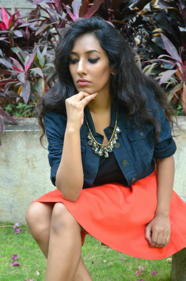 orange skirt ; streetstyle ; street style ; denim jacket ; crystal necklace ; fashion blogger ; dusky ; vintage; dark hyderabad fashion blogger ; naznin suhaer ; i dress for the applause ; 