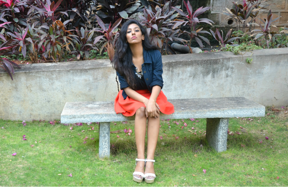 orange skirt ; streetstyle ; street style ; denim jacket ; crystal necklace ; fashion blogger ; dusky ; vintage; dark hyderabad fashion blogger ; naznin suhaer ; i dress for the applause ; 