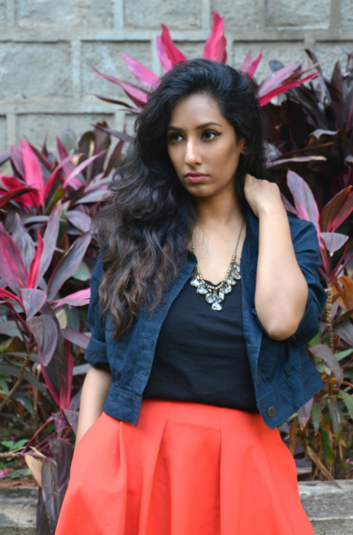 orange skirt ; streetstyle ; street style ; denim jacket ; crystal necklace ; fashion blogger ; dusky ; vintage; dark hyderabad fashion blogger ; naznin suhaer ; i dress for the applause ; 