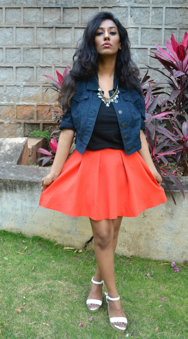 orange skirt ; streetstyle ; street style ; denim jacket ; crystal necklace ; fashion blogger ; dusky ; vintage; dark hyderabad fashion blogger ; naznin suhaer ; i dress for the applause ; 