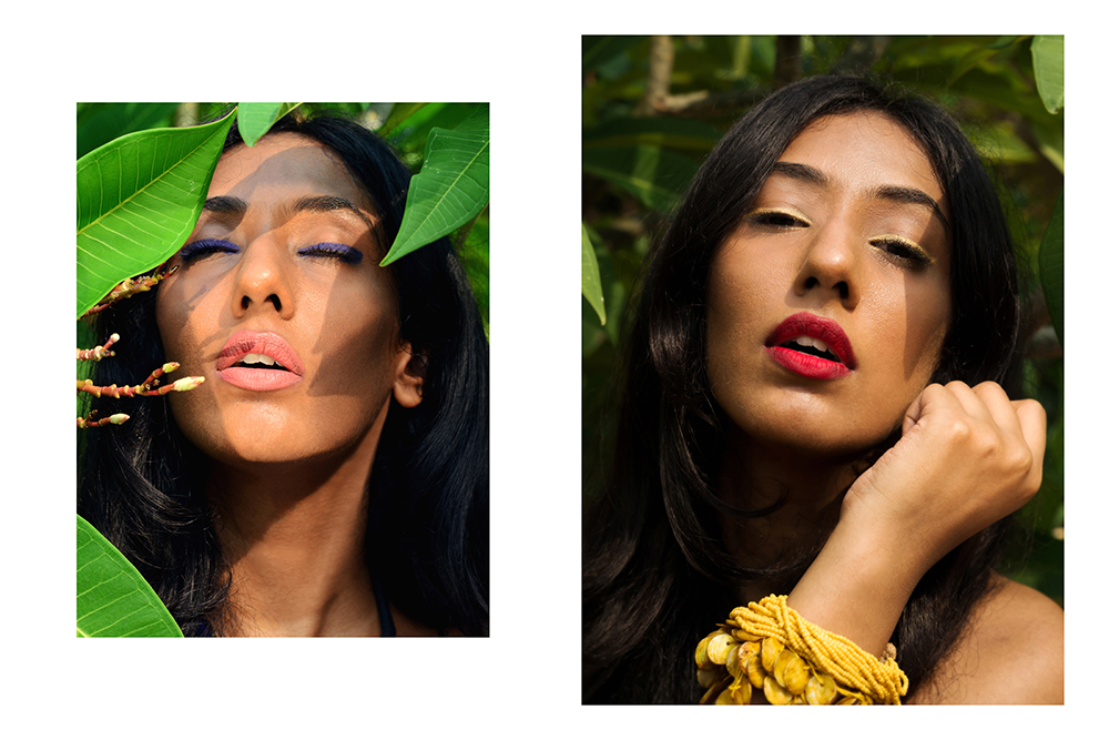 tropical rainforest exotic forest jungle beauty editorial fashion blogger hyderabad blogger Naznin Suhaer I Dress for the Applause indian blogger dusky yellow blue kajal eyeliner matte Mac cosmetics makeup Conceptual fashion photography 