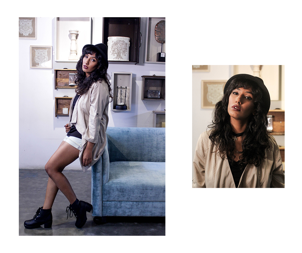 Fashion blogger Hyderabad Magazine indian dark photography feature Naznin Suhaer I Dress for the Applause hat country style khaki jacket boots goth vintage lookbook messy hair wine lips rawdust featured New Look