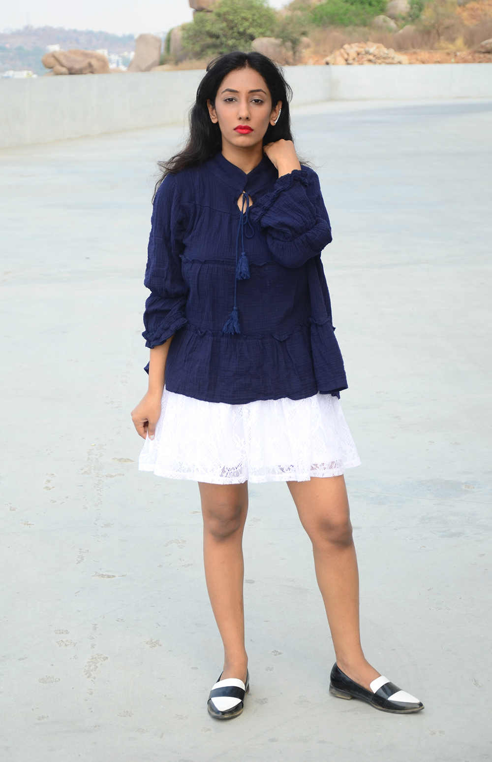 Lookbook ; Ruffle Top ; Lace; Blue ; Skirt ; Monochrome ; White ; Outfit ; One Roze Hyderabad ; Flowers ; Roses ; Hyderabad Store Launch ; Love ; Ear Cuff ; Red Lips ; Zaful ; Boohoo ; fashion photography ; dusk ; editorial ; strong ; Dark ; summer fashion ; summer outfit ; spring ; summer 17; boho look ; Naznin ; Naznin Suhaer ; dusky; model ; indian blogger ; hyderabad fashion bloggers ; hyderabad bloggers ; hyderabad fashion blogger ; I Dress for the Applause ; 