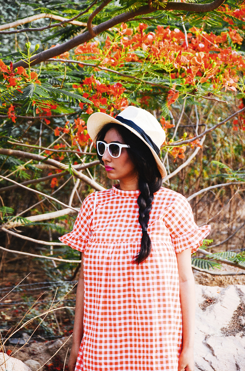 Lookbook ; Gingham ; Orange ; Outfit ; Hat ; White sunglasses ; Summer outfit ; fashion photography ; vintage ; Romwe ; braids ; summer blooms ; woods ; editorial ; strong ; Dark ; summer fashion ; spring ; summer 17 ; Naznin ; Naznin Suhaer ; dusky ; white sling ; indian blogger ; hyderabad fashion bloggers ; hyderabad bloggers ; hyderabad fashion blogger ; I Dress for the Applause ; 