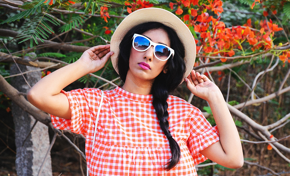 Lookbook ; Gingham ; Orange ; Outfit ; Hat ; White sunglasses ; Summer outfit ; fashion photography ; vintage ; Romwe ; braids ; summer blooms ; woods ; editorial ; strong ; Dark ; summer fashion ; spring ; summer 17 ; Naznin ; Naznin Suhaer ; dusky ; white sling ; indian blogger ; hyderabad fashion bloggers ; hyderabad bloggers ; hyderabad fashion blogger ; I Dress for the Applause ; 