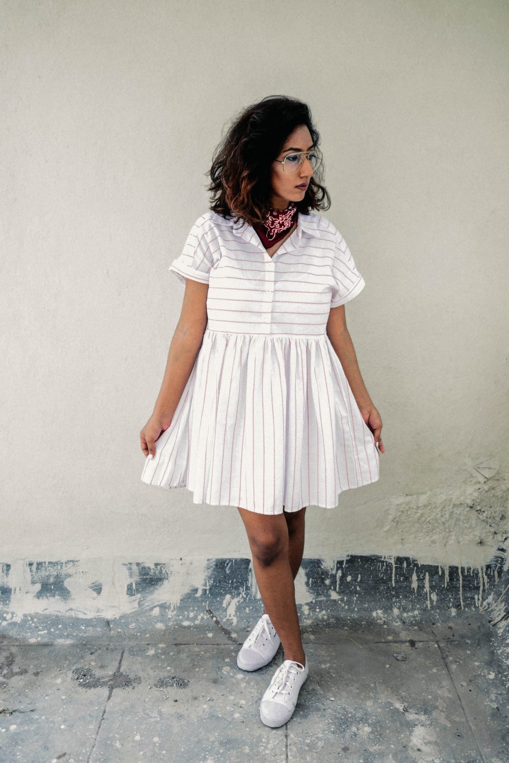Lookbook ; Striped ; Dress ; Clear Aviators ; Outfit ; fashion photography ; Brown Lips ; New Chic ; ootd ; sneakers ; white ; street style ; neckerchief; red ; bandana ; strong ; Dark ; summer fashion ; summer outfit ; spring ; summer 17 ; Hyderabad ; Editorial ; Naznin ; Naznin Suhaer ; dusky; model ; indian blogger ; hyderabad fashion bloggers ; hyderabad bloggers ; hyderabad fashion blogger ; I Dress for the Applause ; 