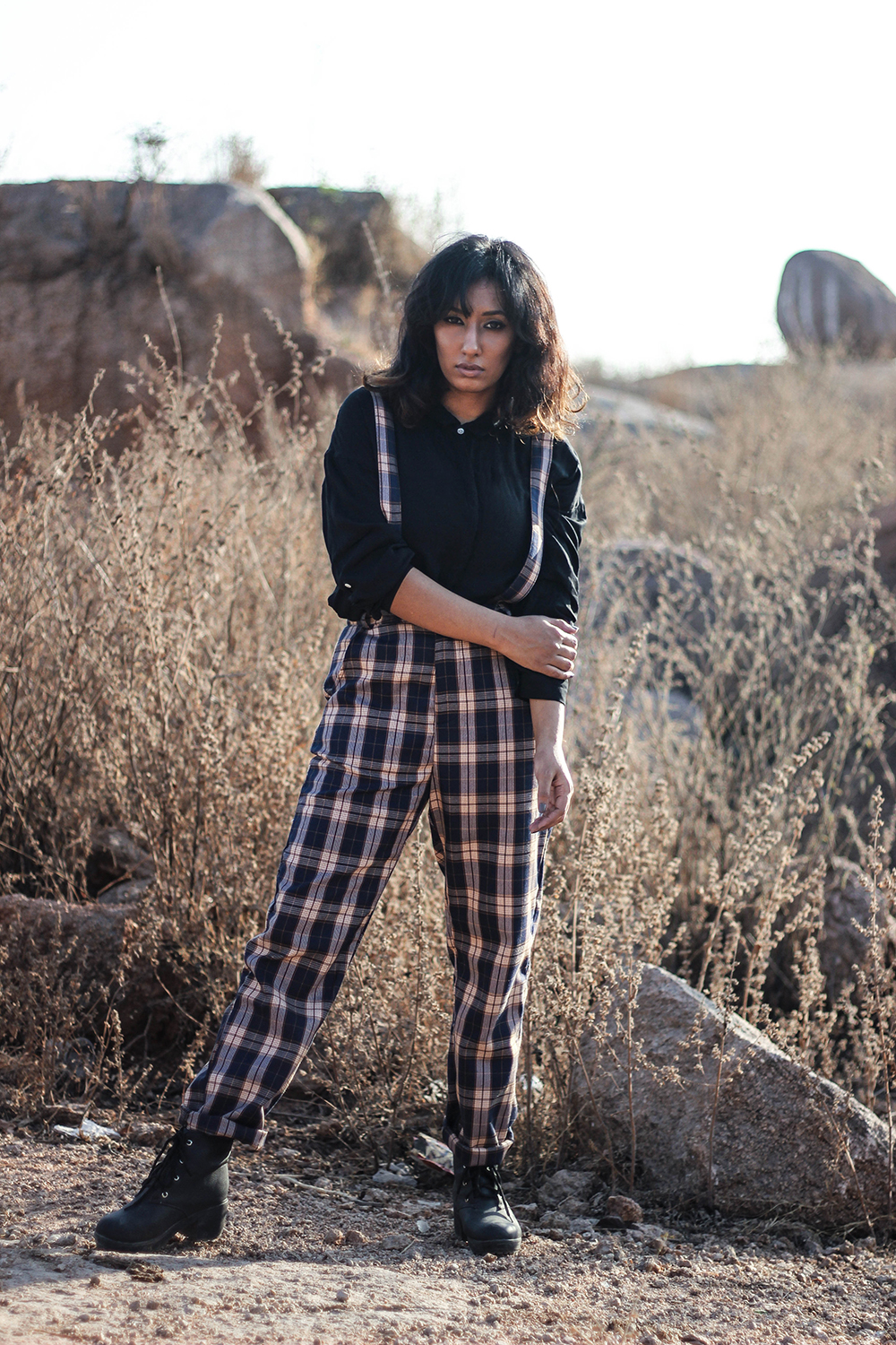 Lookbook ; Plaid ; Pants ; Suspenders ; Streetstyle ; Outfit ; fashion photography ; Romwe ; street fashion ; boots ; sunset ; strong ; Dark ; fall fashion; Naznin ; Naznin Suhaer ; dusky; model ; indian blogger ; hyderabad fashion bloggers ; hyderabad bloggers ; hyderabad fashion blogger ; I Dress for the Applause 