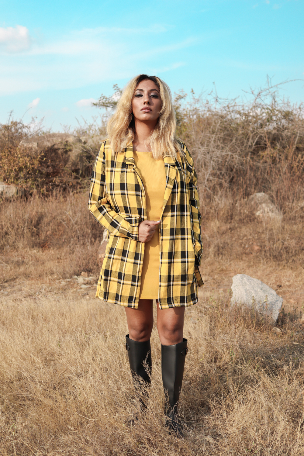 Yellow Plaid coat ; Winter Coat ; Fall Fashion ; Layering ; Blonde ; Tall boots ; Conceptual ; Winter Outfit ; Runway Fashion ; 70s fashion ; fashion photography ; ootd ; fall look ; winter Fashion ; zaful ; fall 18 ; Hyderabad ; Editorial ; Naznin ; Naznin Suhaer ; dusky; model ; indian blogger ; hyderabad fashion bloggers ; hyderabad bloggers ; hyderabad fashion blogger ; I Dress for the Applause ; 